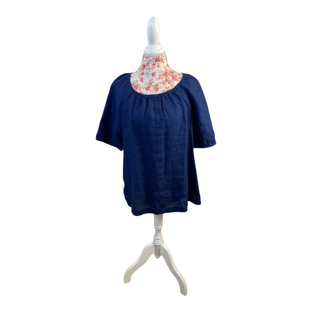 NWT Talbots 100% Linen Navy Short Sleeve Oversize Blouse  [286]